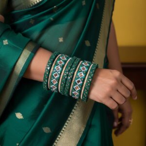 Emerald Green Silk Thread Bangle Set with Pearl Accents