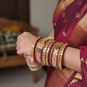 Handcrafted Maroon Silk Thread Peacock Design Bangle Stack