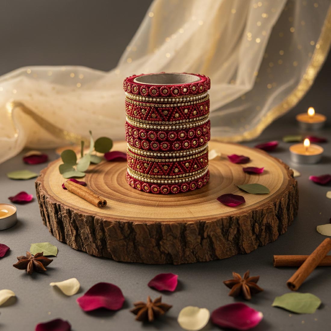 A royal ruby silk thread chuda bangle set adorned with intricate geometric gold-plated frames, tiny white seed beads, and shimmering diamond rhinestone patterns.