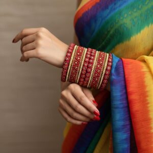Handcrafted Traditional Ruby Color Festive Silk Thread Stacked Bangle Set