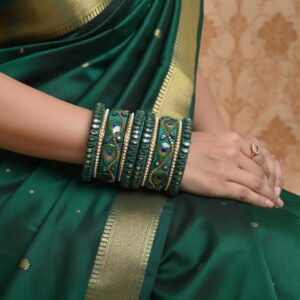 Handcrafted Peacock Motif Green Thread Bangle Stack
