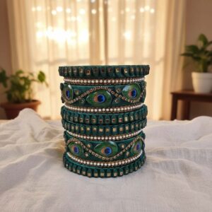 Handcrafted Peacock Motif Green Thread Bangle Stack