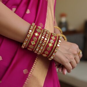 Handcrafted Traditional Maroon Festive Mirror Work Thread Bangle Stack
