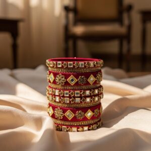 Handcrafted Traditional Maroon Festive Mirror Work Thread Bangle Stack