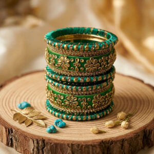Kundan Embellished Thread Bangle Green Color Set