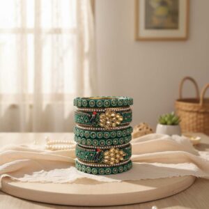 Handcrafted Green Silk Thread and Peacock Motifs Bangle Set