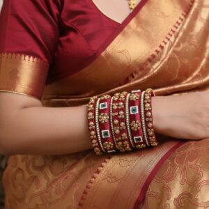 Handcrafted Maroon Silk Thread Bangle with Kundan and Pearl Accents