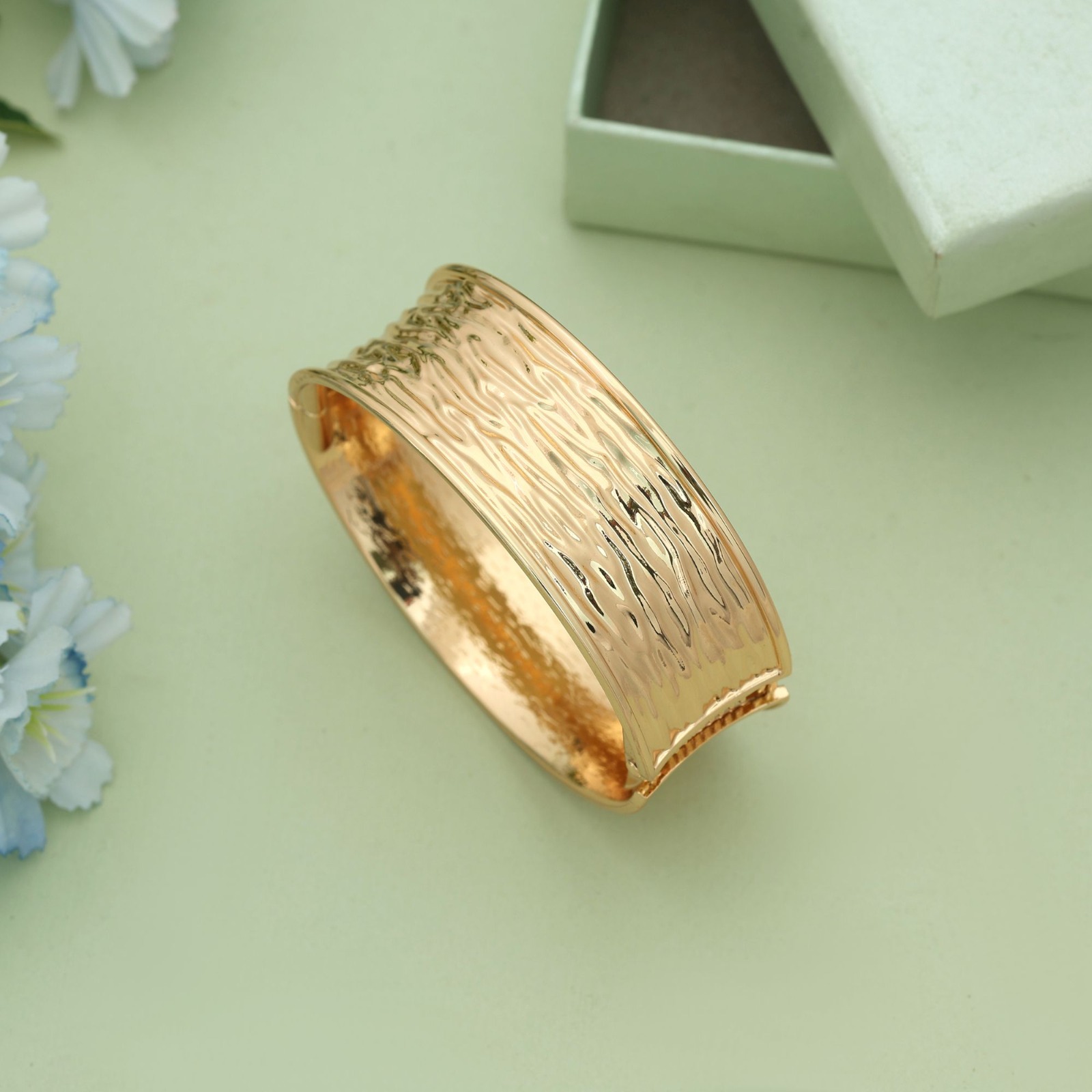 Textured Ripple Wide Cuff Bracelet - Gold Tone - Image 2