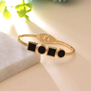 Geometric Black Enamel Hinged Bangle – Gold Tone
