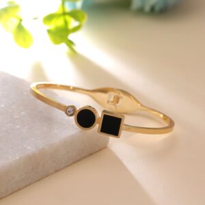 Geometric Black Enamel & Crystal Hinged Bangle – Gold Tone