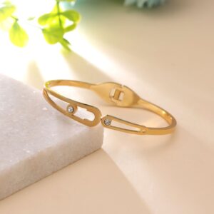 Dual Oval Cutout Crystal Hinged Bangle – Gold Tone
