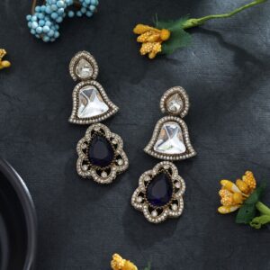 Royal Blue Monalisa & American Diamond Drop Earrings