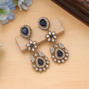 Royal Blue Monalisa Stone & American Diamond Floral Drop Earrings