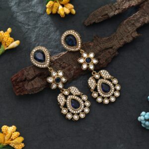 Royal Blue Monalisa Stone & American Diamond Floral Drop Earrings