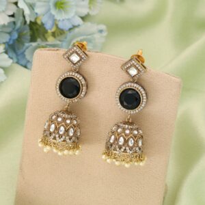 Black Monalisa Stone & American Diamond Jhumka Earrings