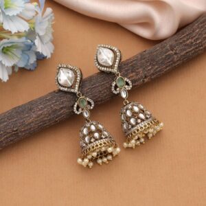 Mint Green Monalisa Stone & American Diamond Jhumka Earrings