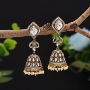 Mint Green Monalisa Stone & American Diamond Jhumka Earrings