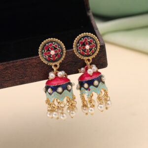 Multicolor Hand-Painted Meenakari Jhumka Earrings with Pearls