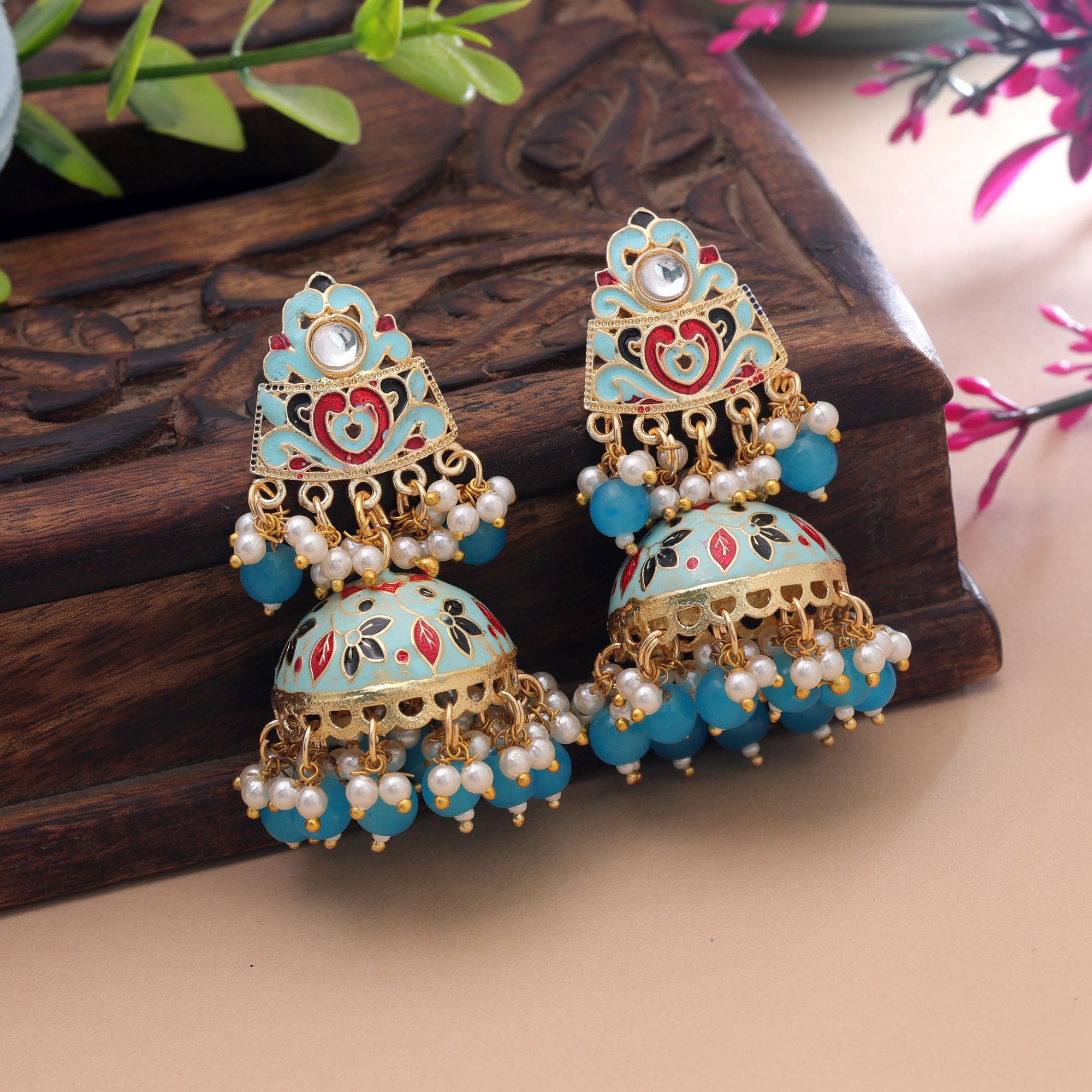 Meenakari jhumka earrings with pearl and bead danglers