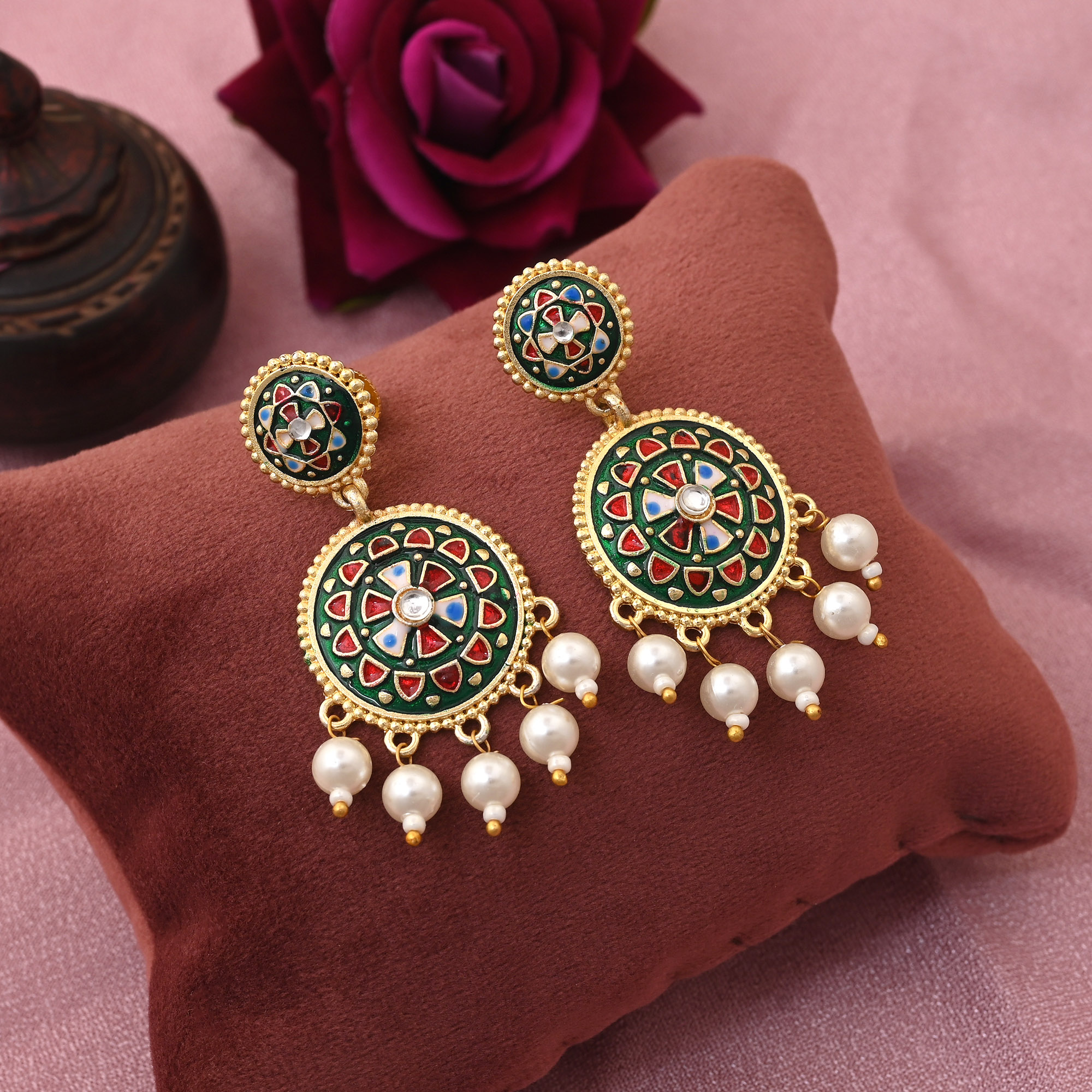 Green Meenakari earrings with pearl drop danglers
