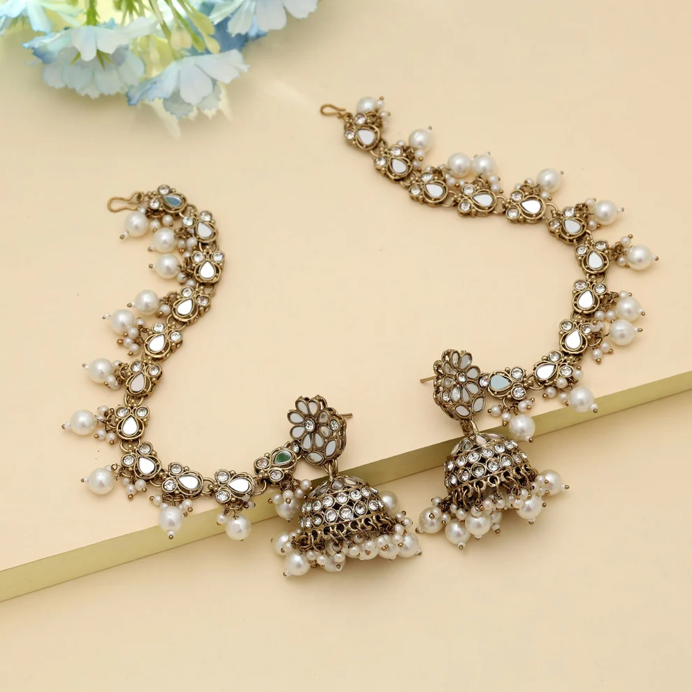 Antique Gold Kundan & Pearl Jhumka Earrings with Matching Hair Chain (Mattapatti / Ear Chain Set