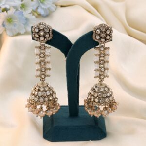 Antique Gold Kundan & White Bead Statement Jhumka Earrings