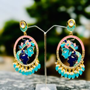 Radha Krishna Enamel Oval Statement Earrings (Sky Blue & Royal Blue)